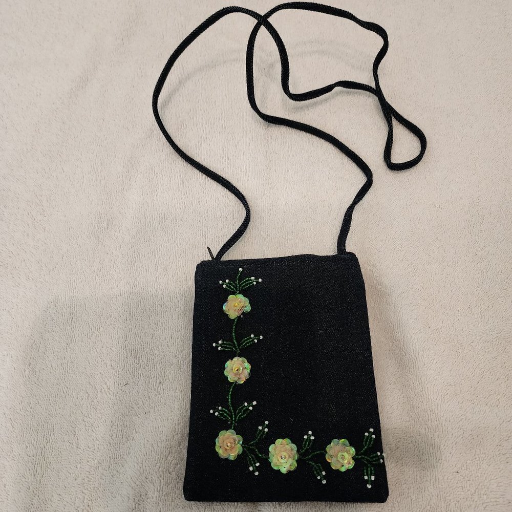 Dark blue jean child crossbody embellished flowers & small pink clutch purse